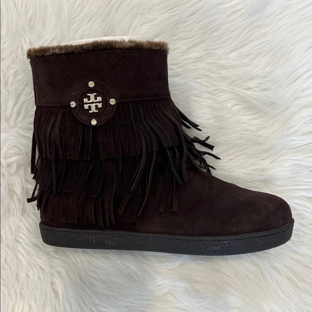 Tory Burch Fringe Shearling Suede Ankle Boots Brown Size 10